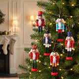 Wooden soldier ornaments hanging in a Christmas tree in a classic living room