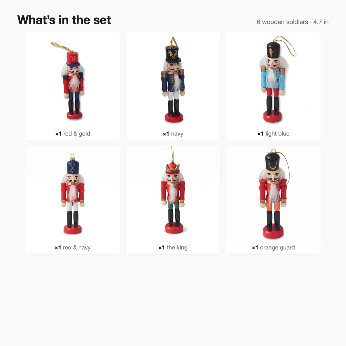 What's in the set: six wooden nutcracker soldiers, 4.7 inches tall