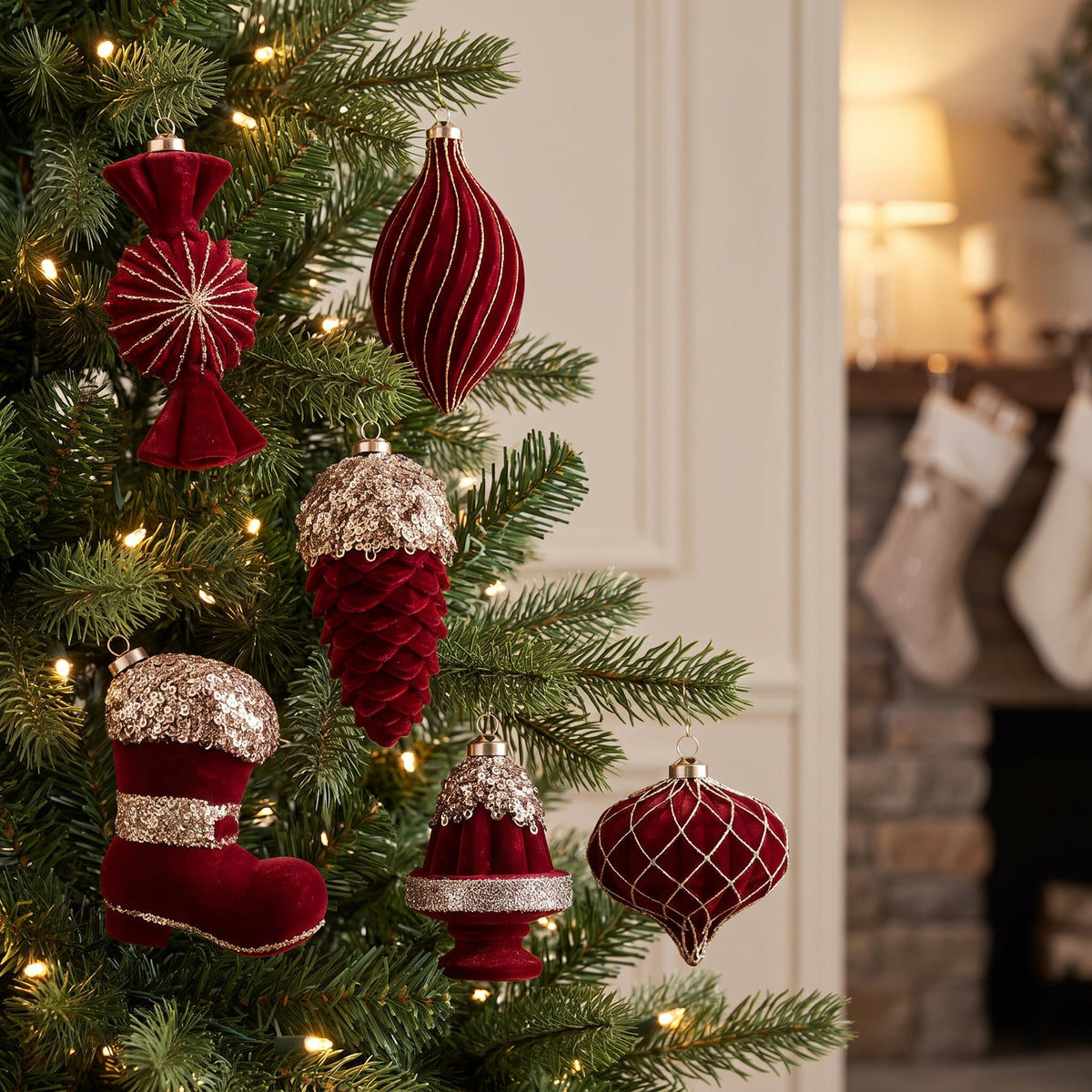 Red velvet glam ornaments hanging in a Christmas tree in a classic living room