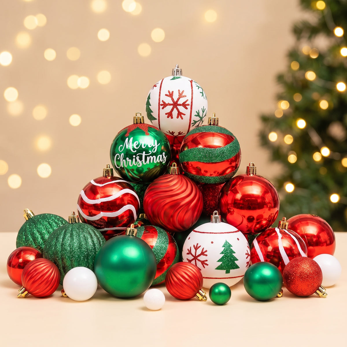 66 piece red, green and white shatterproof ornament set, group display