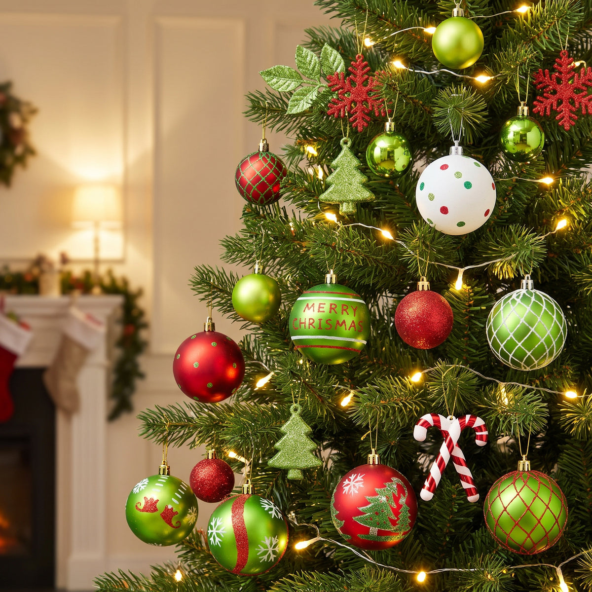 Red, green and white glitter ornaments hanging in a Christmas tree