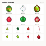 What's in the set: 46 pieces with balls, clips, trees, candy canes and minis