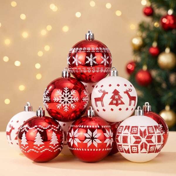 Christmas Tree Decorations, Set of 24 Red and White Ornaments, 2.36 in Plastic Xmas Balls