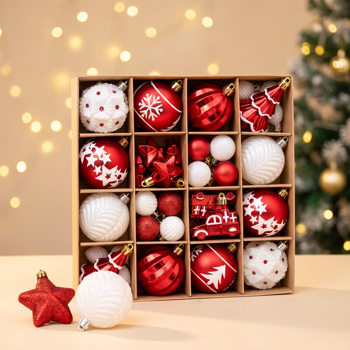 42 piece red and white Christmas ornament set in storage box