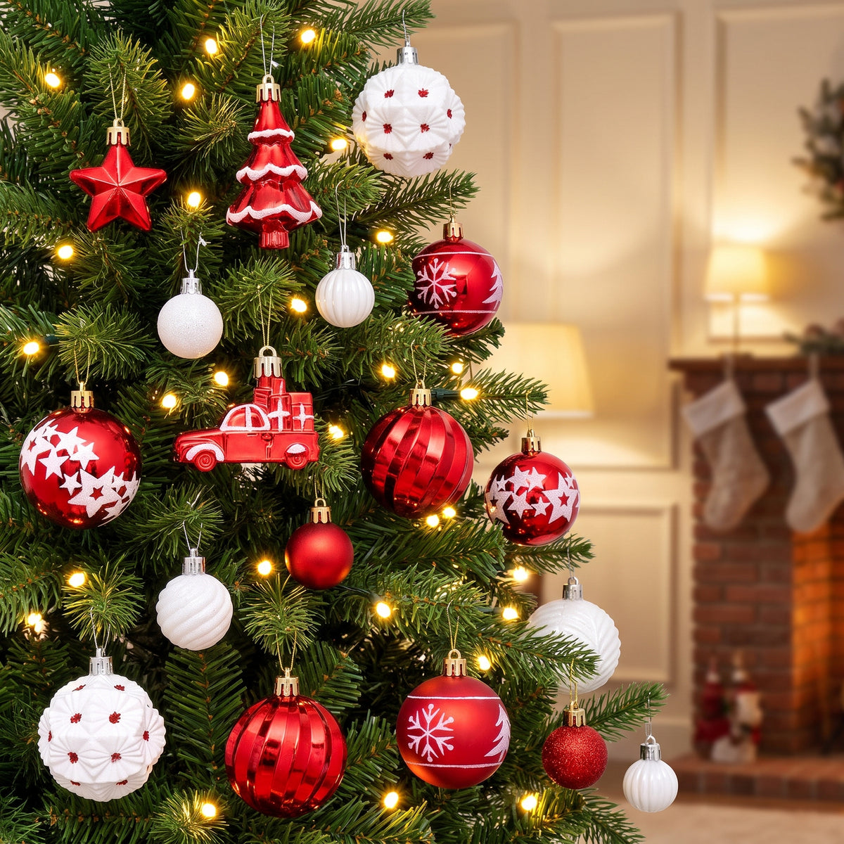 Red and white ornaments with truck and tree ornaments hanging in a Christmas tree