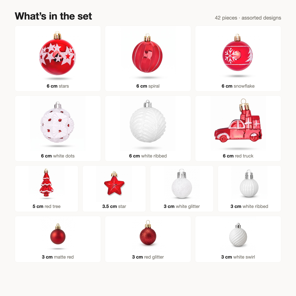 What's in the set: 42 assorted red and white ornaments including truck, tree and star