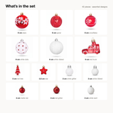 What's in the set: 42 assorted red and white ornaments including truck, tree and star