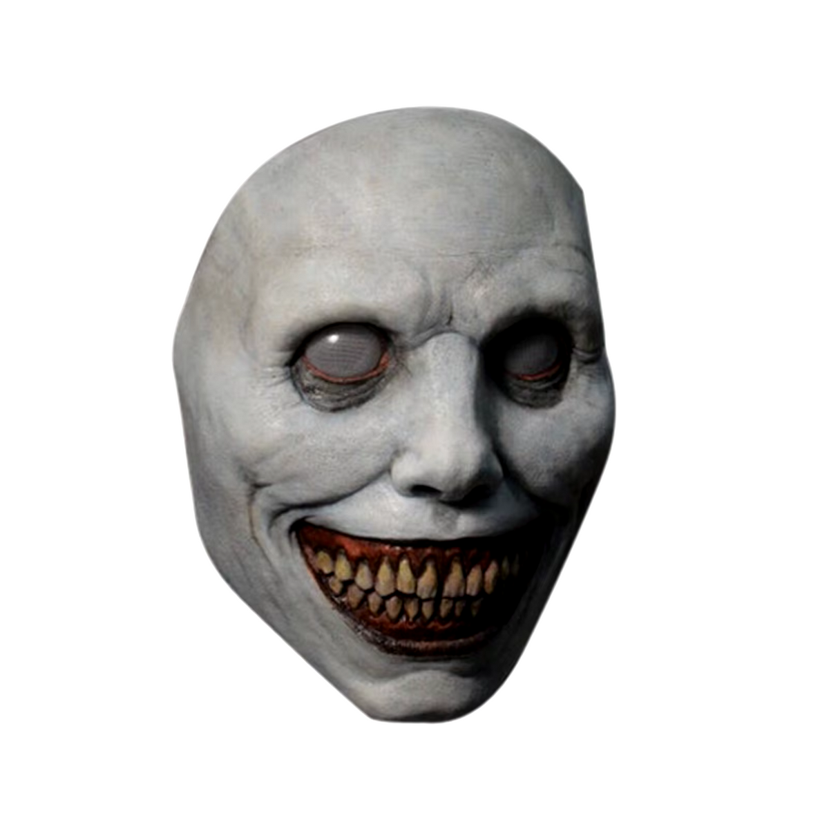 Creepy smiling latex mask, shown in one of its two color options