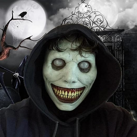 Creepy smiling Halloween mask, sculpted mouth and eye detail