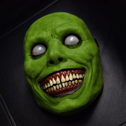 Full-face latex Halloween mask with an exaggerated smiling mouth and oversized white eyes