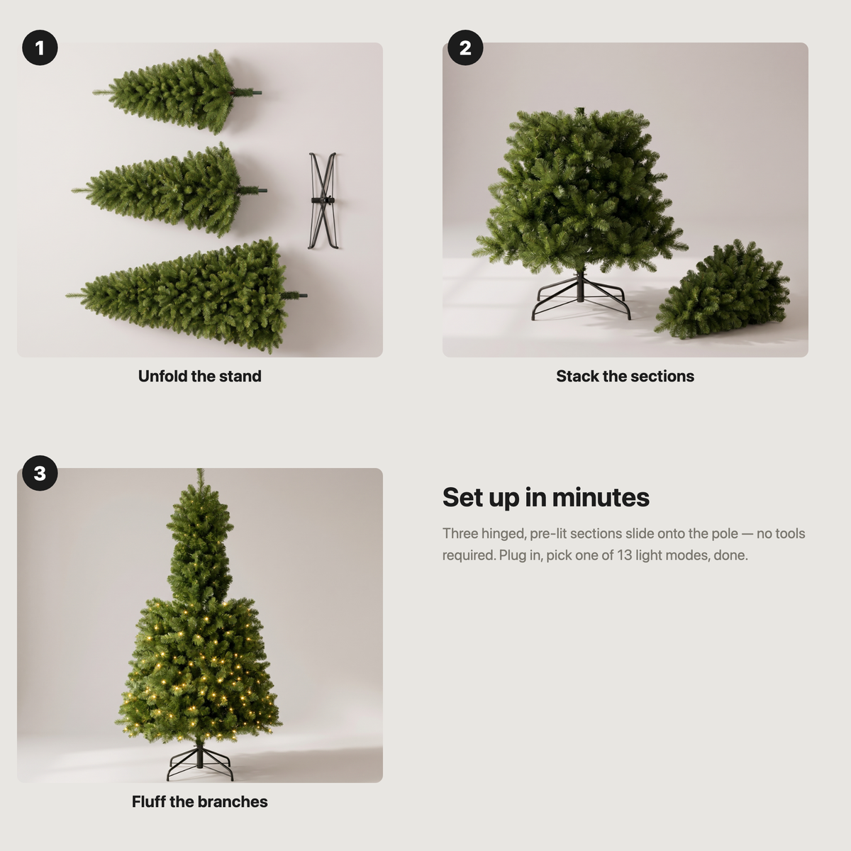 Assembly guide: unfold the stand, stack the sections, fluff the branches