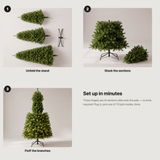Assembly guide: unfold the stand, stack the sections, fluff the branches