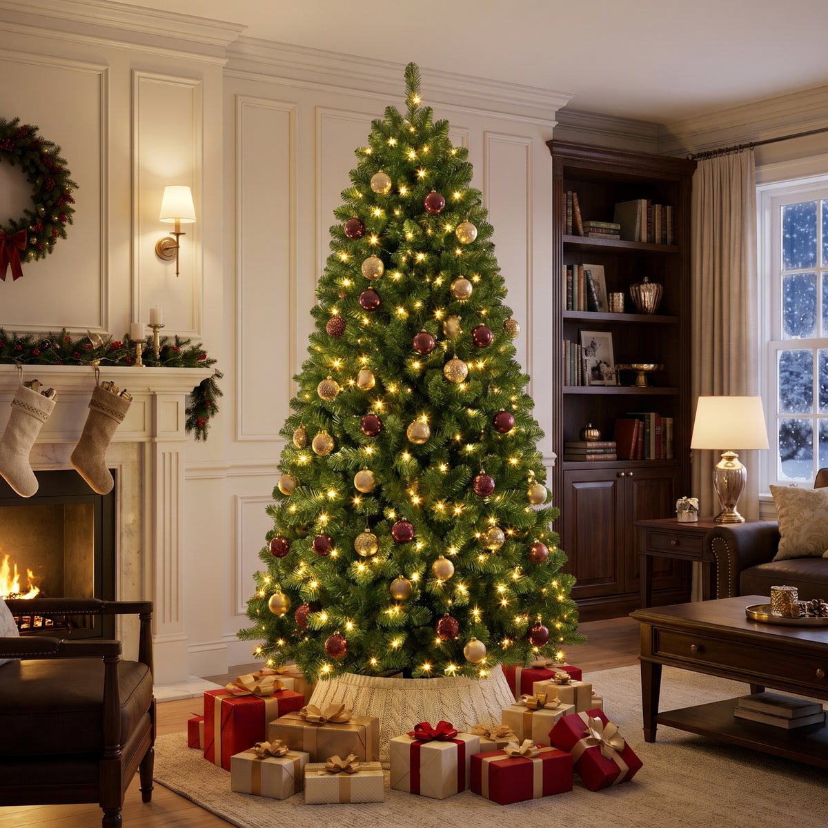Pre-lit Christmas tree richly decorated in a classic American living room