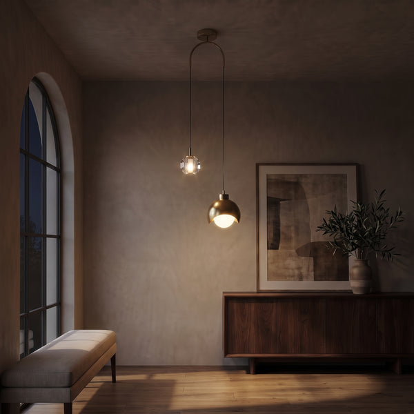 Noor Dual Pendant Light, Crystal & Gold Dome, Warm White 3000K