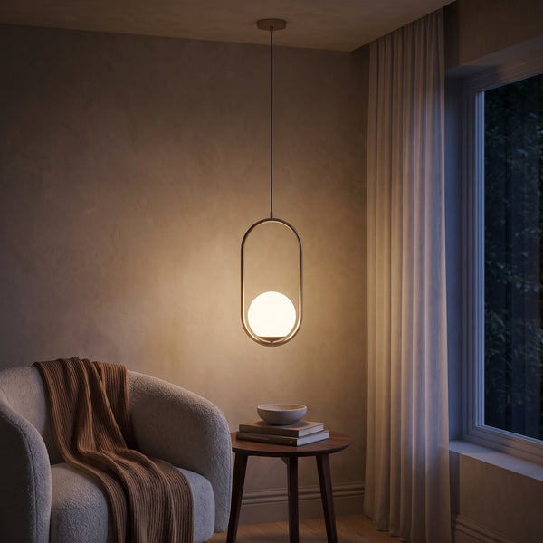 Opaline Gold Hoop Pendant Light, Opal Glass Globe, 2 Finishes