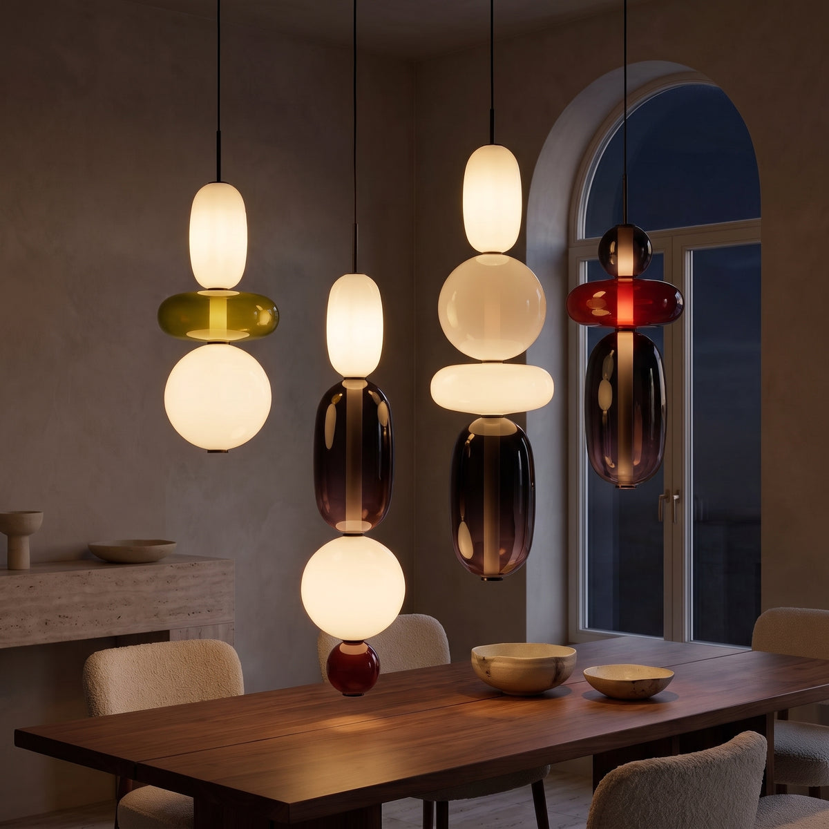 Sorbet pendant lights at night — lights on