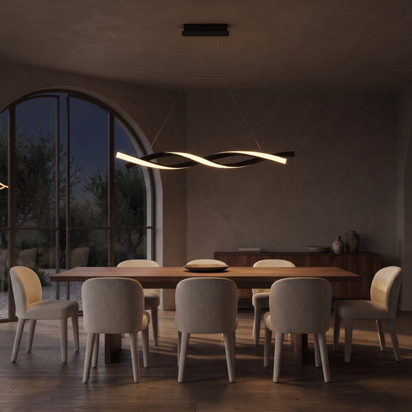 Ondine Wave Pendant Light, Matte Black Linear LED, Warm White 3000K