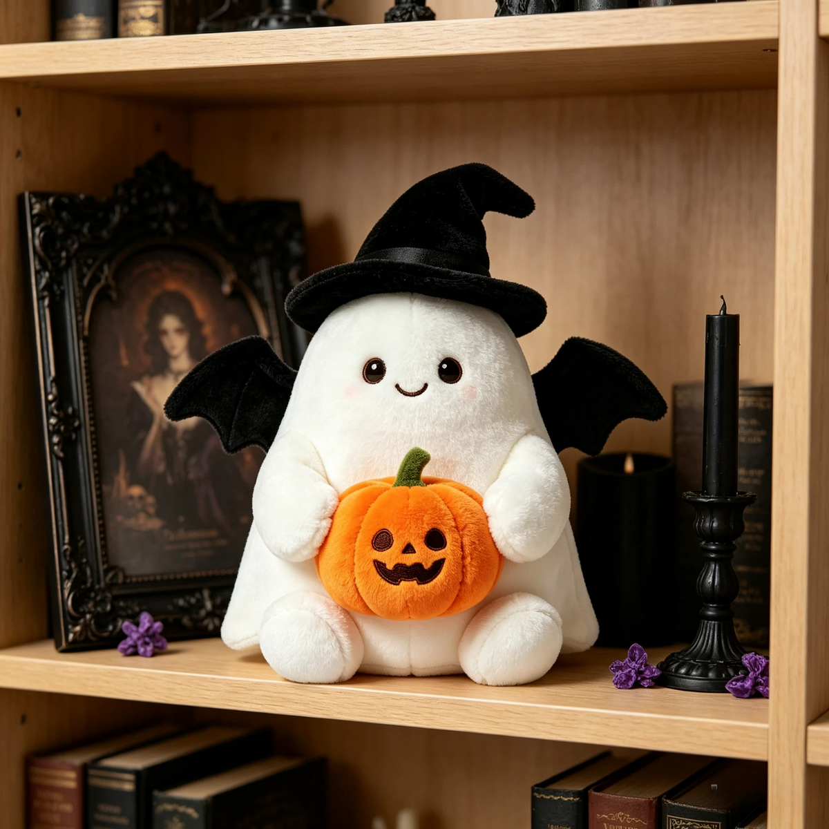Ghost plush toy back view showing the witch hat