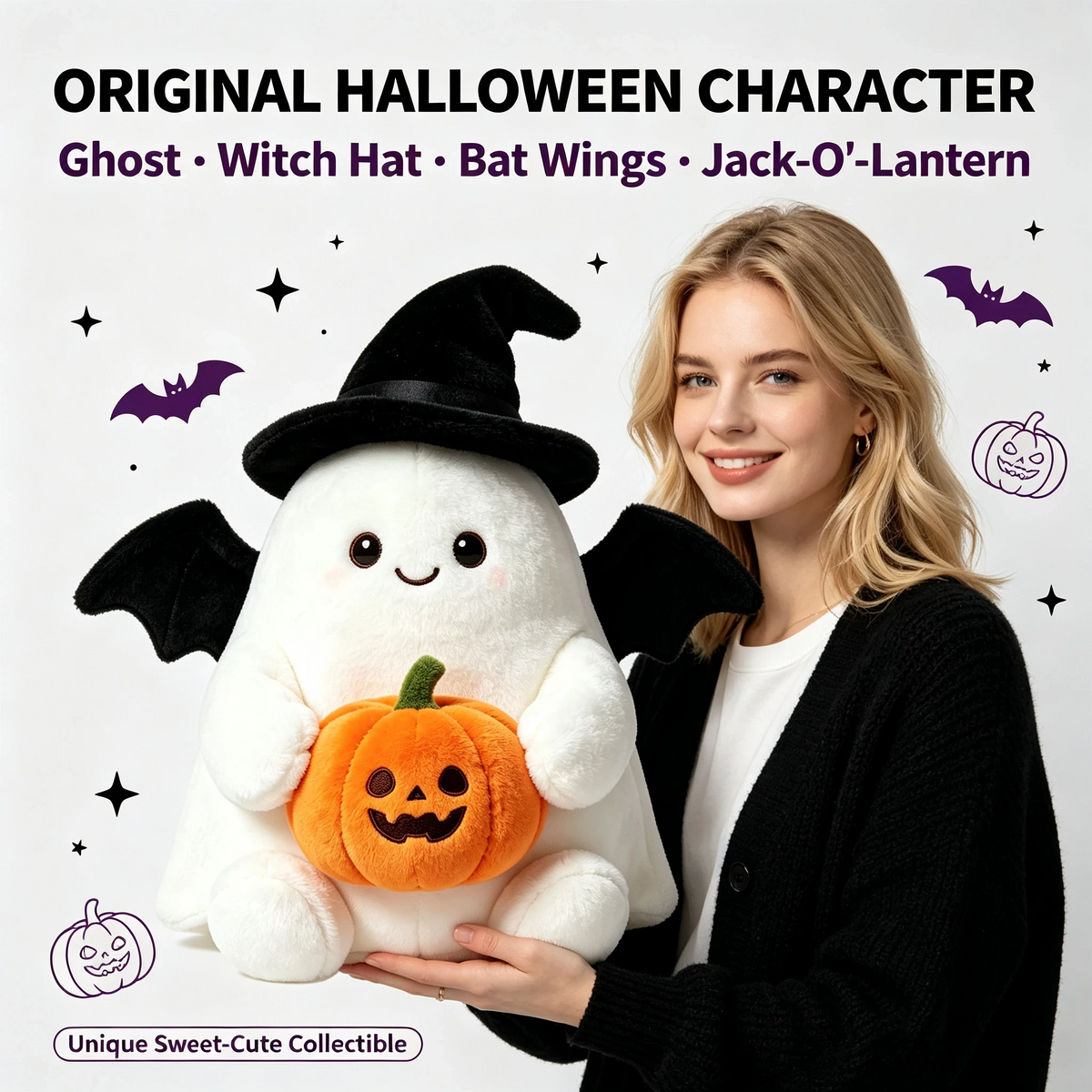 Ghost plush toy side view showing the bat-wing detail