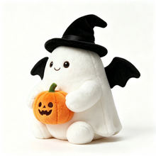 Close-up of the ghost plush toy's stitched witch hat and bat-wing accents