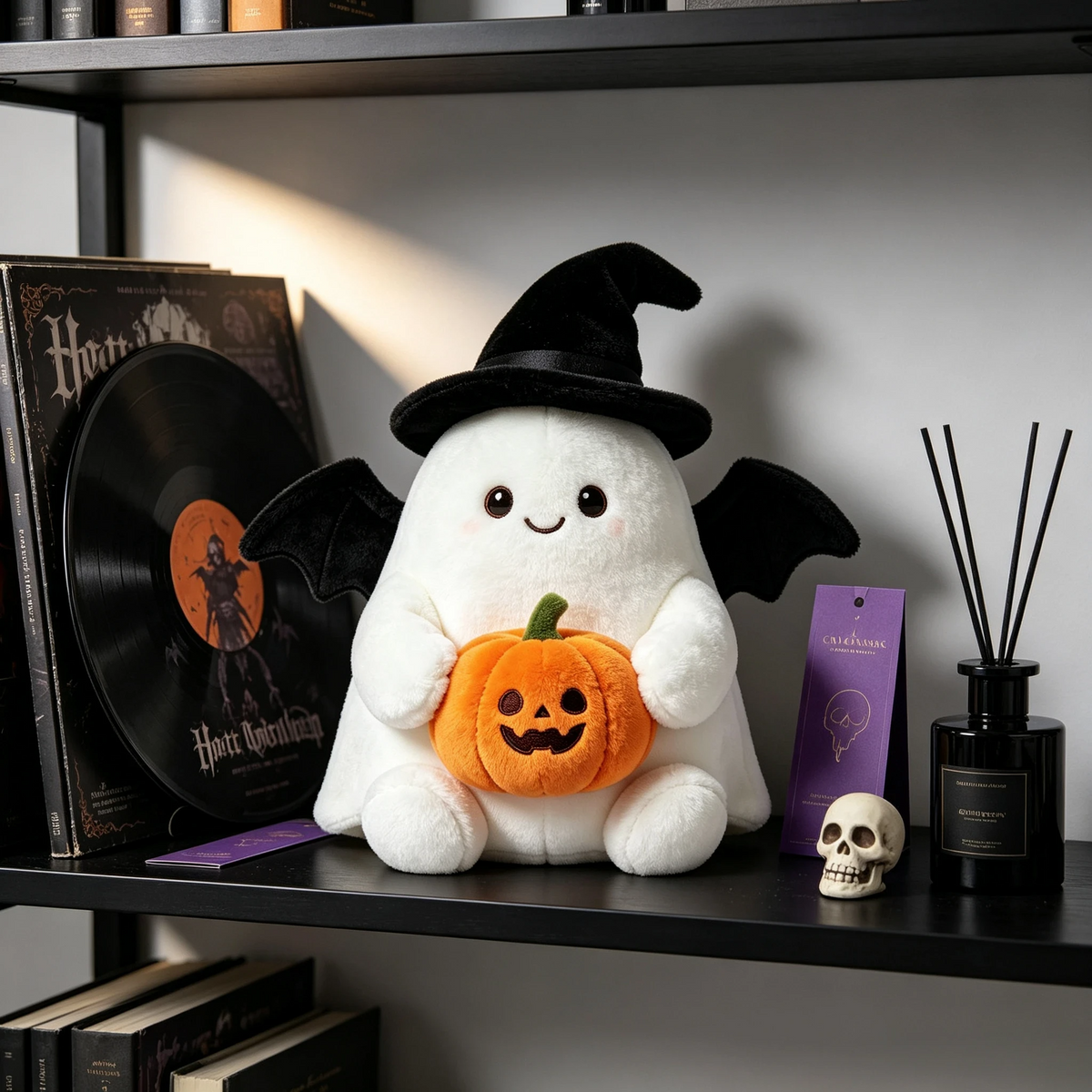 Ghost plush toy displayed among Halloween party decorations