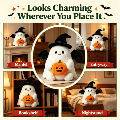 Ghost plush toy held in hand to show size