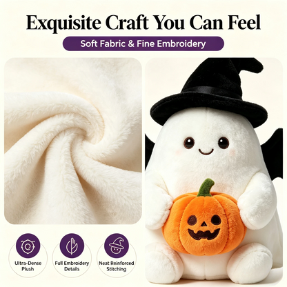 Ghost plush toy displayed on a shelf for Halloween decor