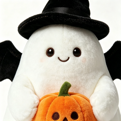Ghost plush toy seated upright showing the plush pumpkin accessory