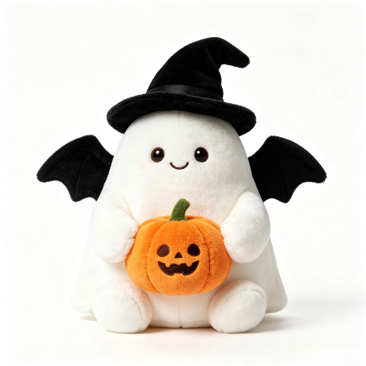 Halloween ghost plush toy wearing a witch hat and bat wings, holding a small pumpkin