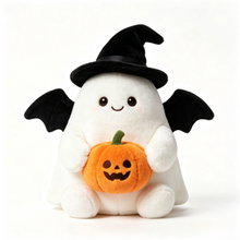 Halloween ghost plush toy wearing a witch hat and bat wings, holding a small pumpkin