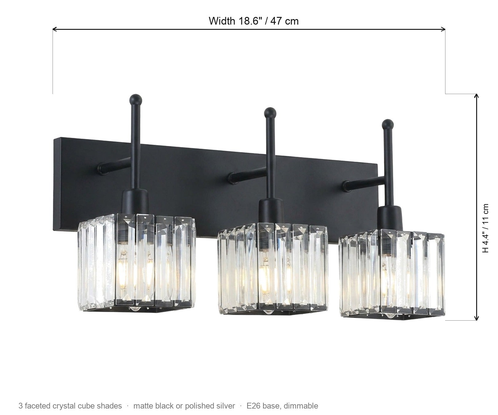 Lucent Faceted Crystal Cube Bathroom Vanity Light Bar, 3-Light, Dimmable