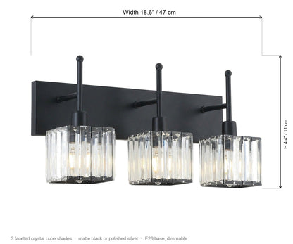 Lucent Faceted Crystal Cube Bathroom Vanity Light Bar, 3-Light, Dimmable