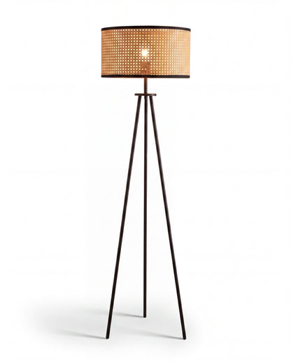 Rattan floor lamp with iron base clean studio shot