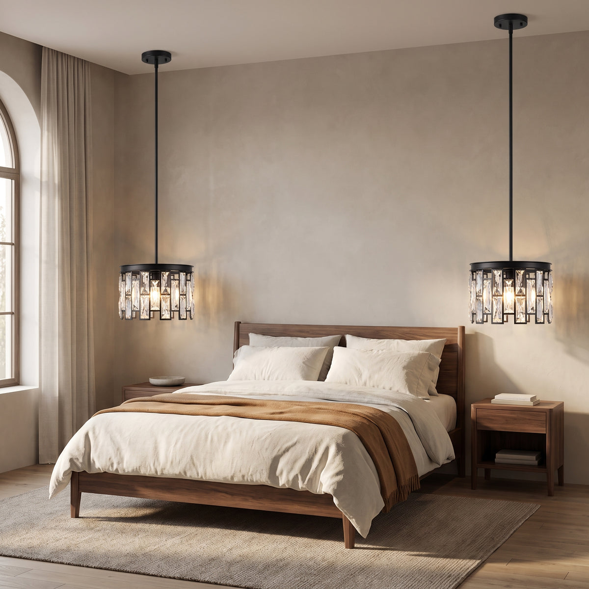 Two Raven mini crystal pendants as bedside lights in a walnut bedroom