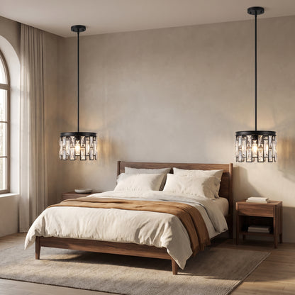 Two Raven mini crystal pendants as bedside lights in a walnut bedroom