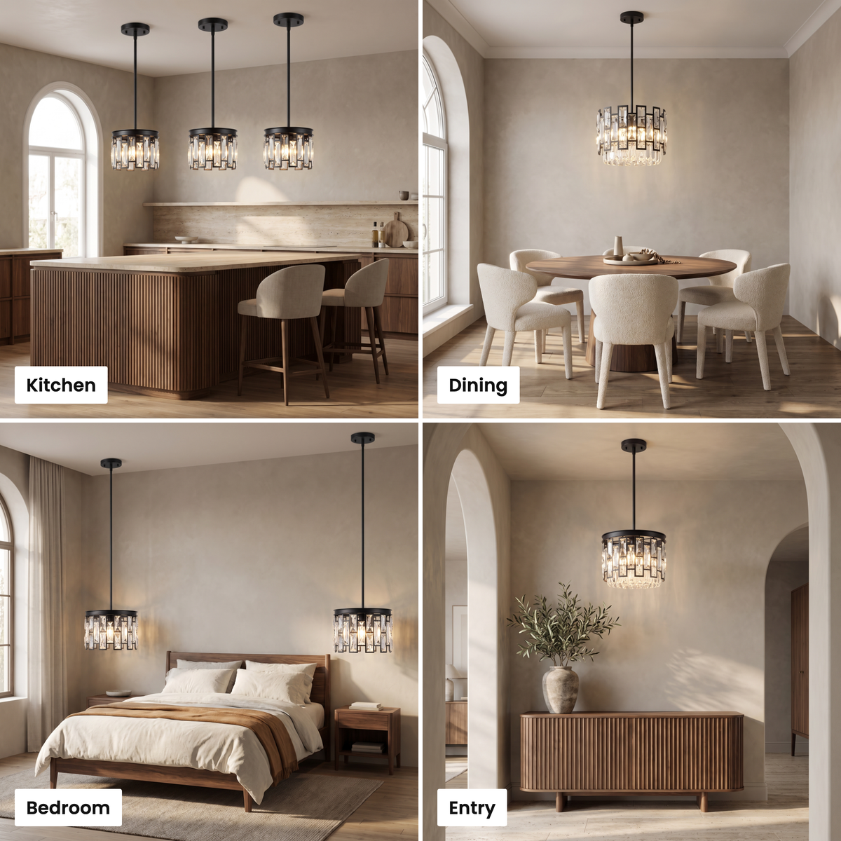 Raven mini crystal pendant shown in kitchen, dining, bedroom and entry settings