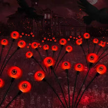 Close-up of a single glowing eyeball light stake