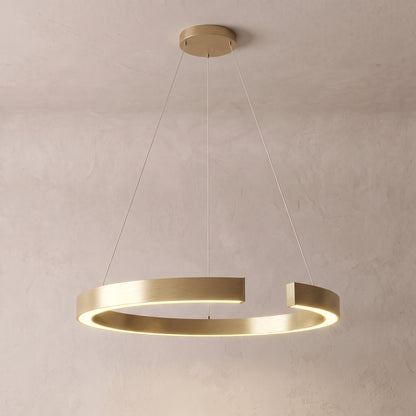 Gold-plated open ring chandelier, full fixture on a grey studio background