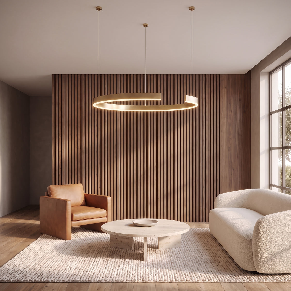 Gold-plated ring chandelier in a living room with a walnut slat wall