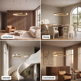 Gold-plated ring chandelier shown in living room, dining, stairwell and commercial settings