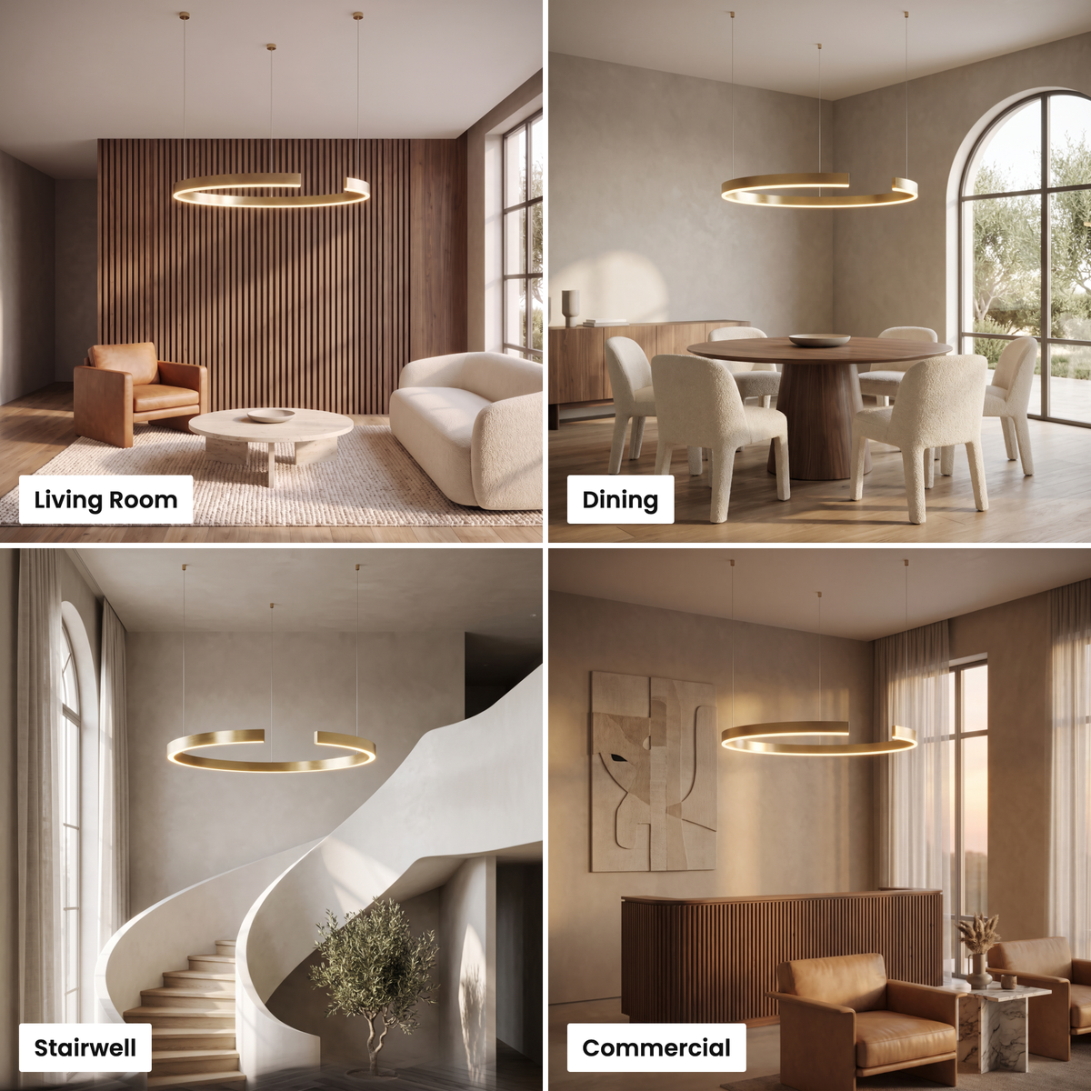 Gold-plated ring chandelier shown in living room, dining, stairwell and commercial settings