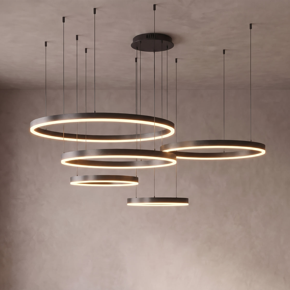 Rosalind tiered ring chandelier close-up in black with 5 rings