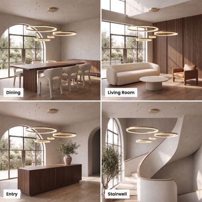 Rosalind tiered ring chandelier shown in dining, living room, entry and stairwell settings