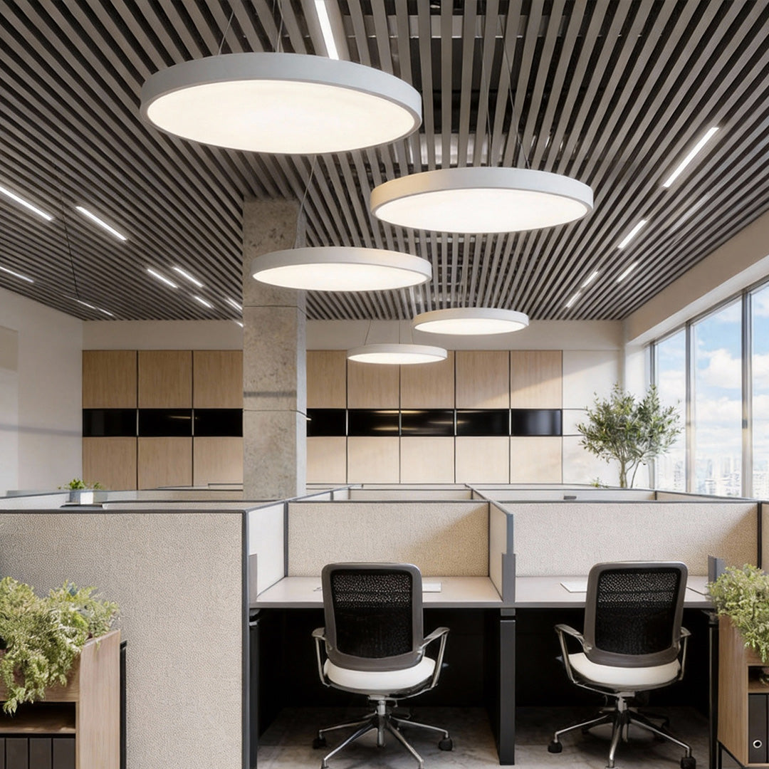 Grouped round pendant lights installed in a commercial space