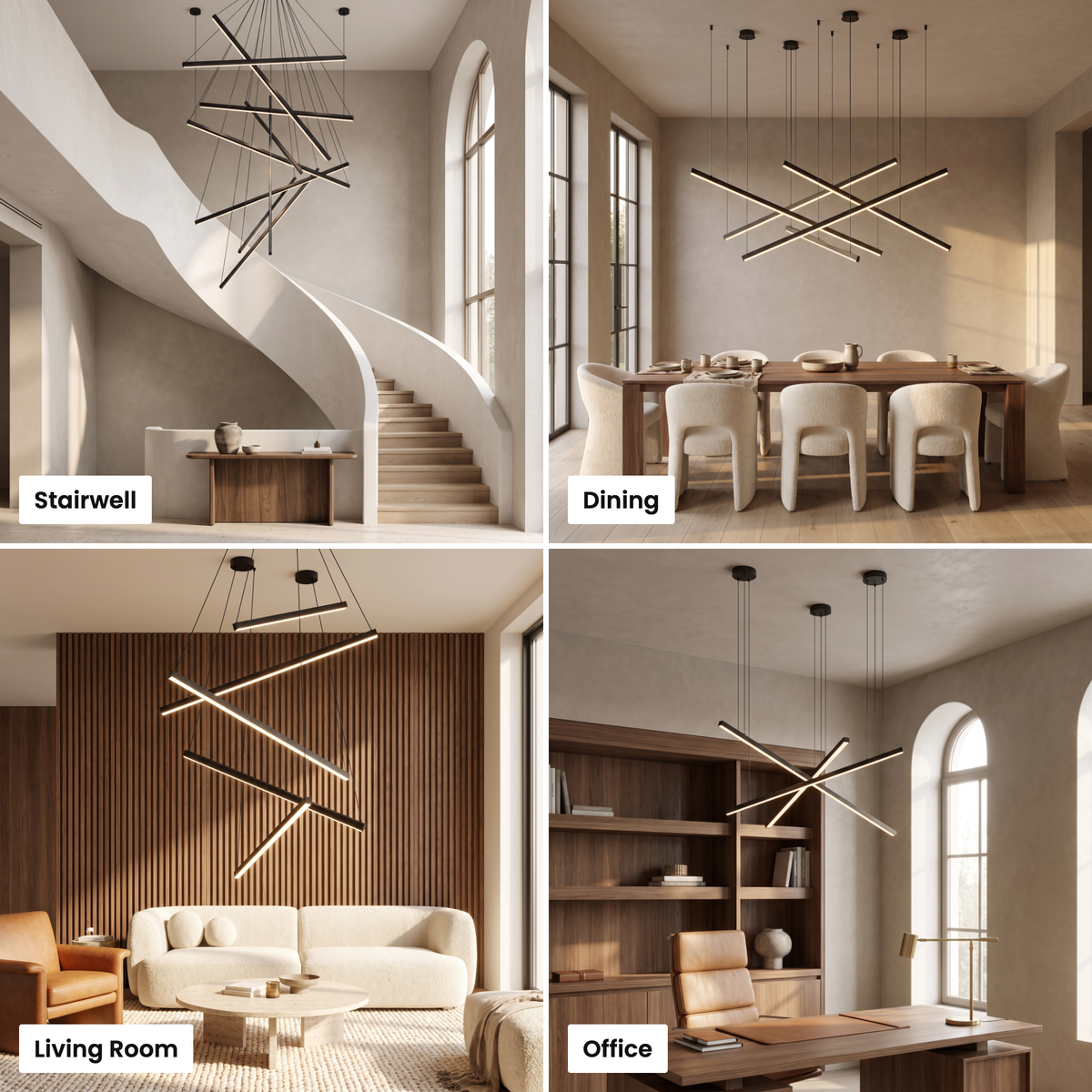 Rowan linear chandelier shown in stairwell, dining, living room and office settings