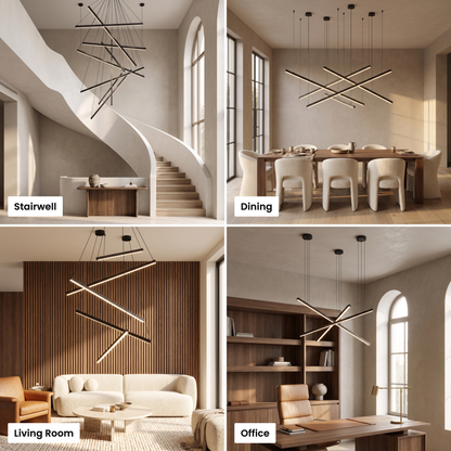 Rowan linear chandelier shown in stairwell, dining, living room and office settings