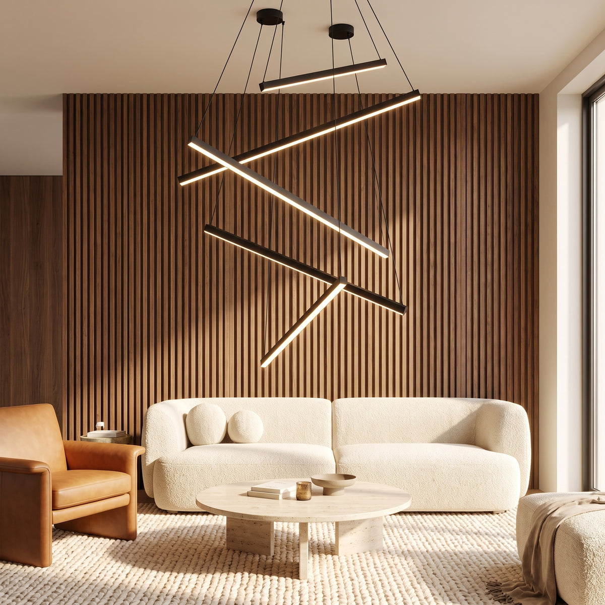 Rowan linear chandelier in a warm living room