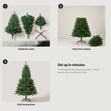 Assembly guide: unfold the stand, stack the sections, fluff the branches
