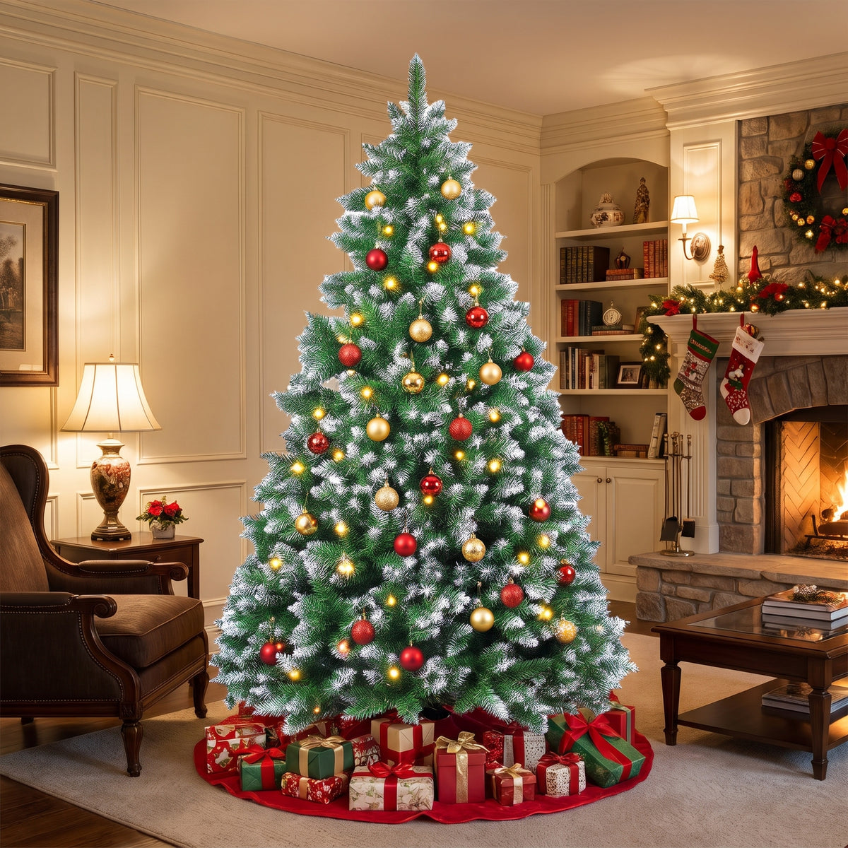 Decorated green Christmas tree in a classic American living room