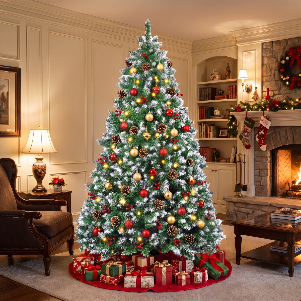 Decorated pinecone Christmas tree in a classic American living room